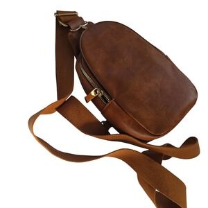Brown Faux Leather Sling Backpack Mini Crossbody Bag Adjustable Strap GoldZipper